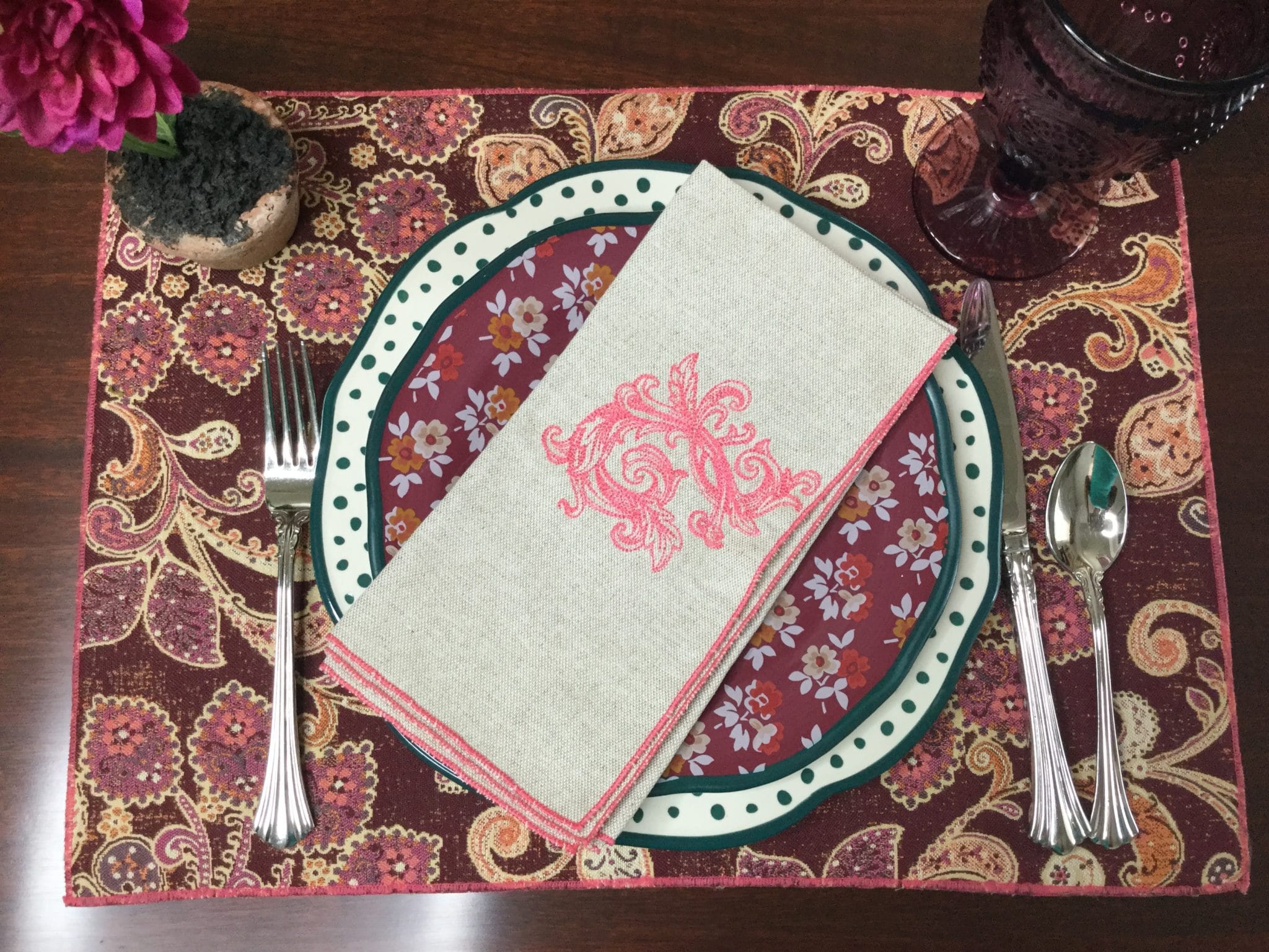 Oatmeal with Coral Baroque Flourish Linen Napkins